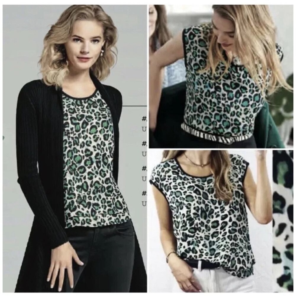 CAbi Cheetah Print Cap Sleeve with Green, Black, White Top XL